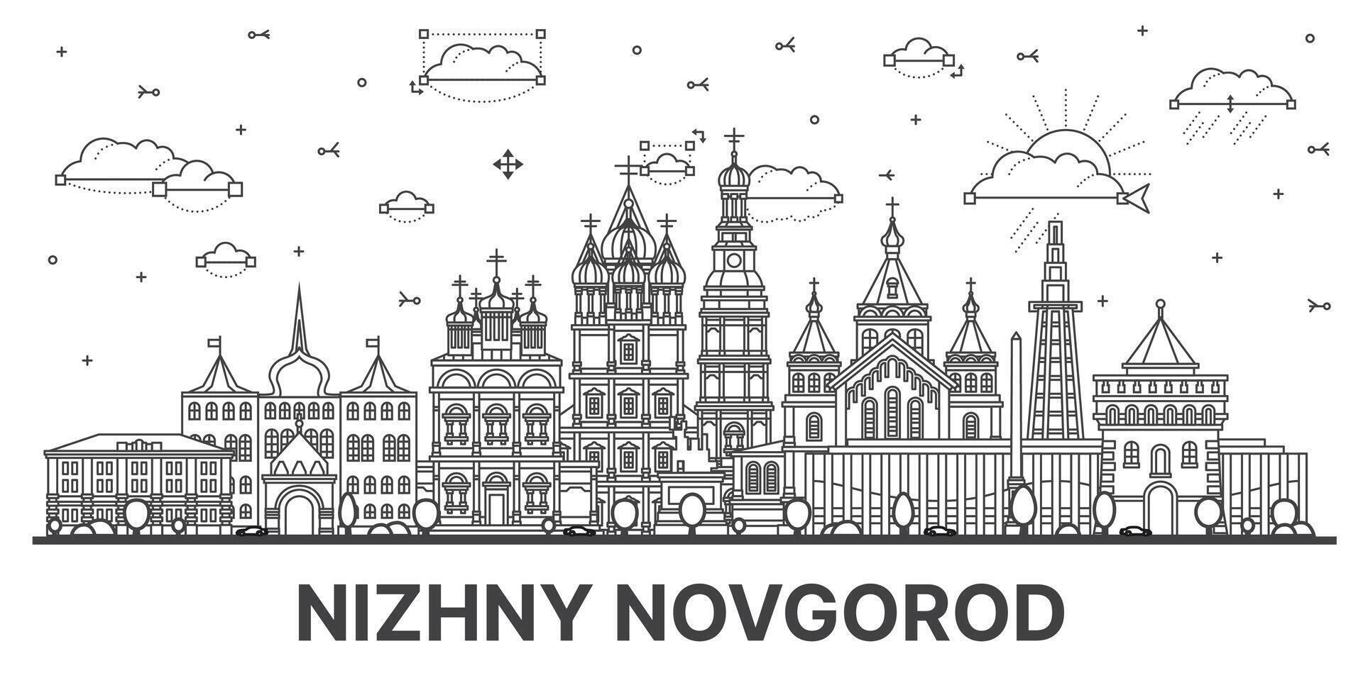 Gliederung nischni novgorod Russland Stadt Horizont mit modern und historisch Gebäude isoliert auf Weiß. nischni novgorod Stadtbild mit Sehenswürdigkeiten. vektor