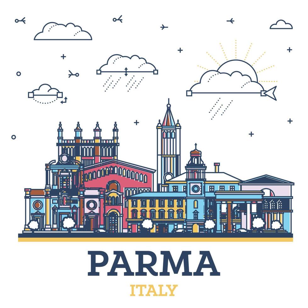 översikt parma Italien stad horisont med färgad historisk byggnader isolerat på vit. parma stadsbild med landmärken. vektor