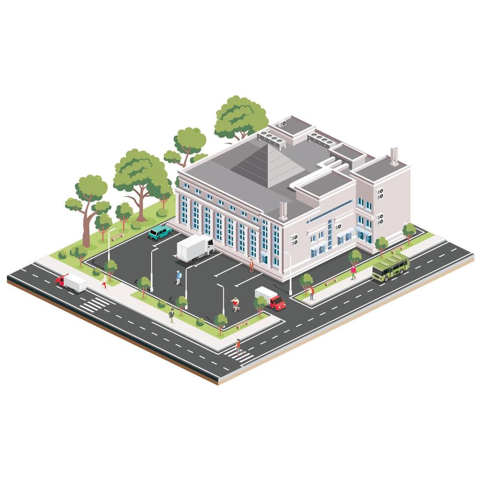 isometrisch Einkaufen Einkaufszentrum. Infografik Element. Supermarkt Gebäude. Illustration. Menschen, Lastwagen und Bäume mit Grün Blätter isoliert auf Weiß Hintergrund. vektor