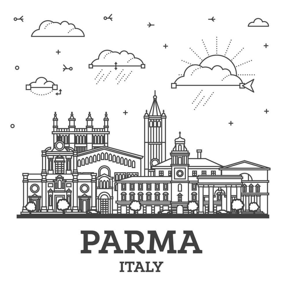 Gliederung Parma Italien Stadt Horizont mit historisch Gebäude isoliert auf Weiß. Parma Stadtbild mit Sehenswürdigkeiten. vektor