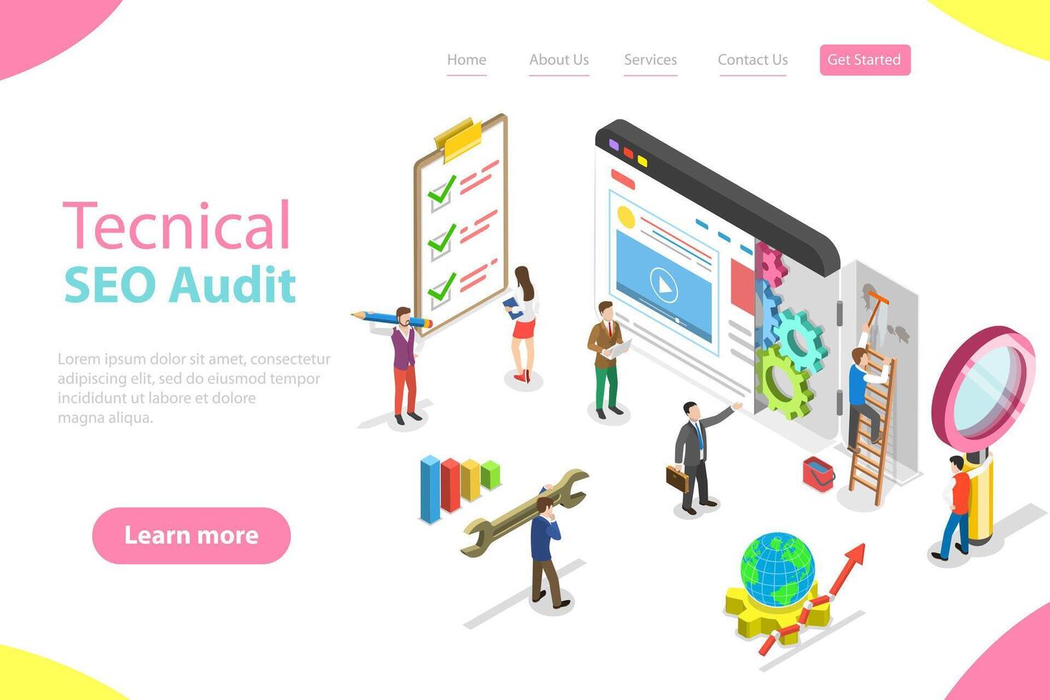 isometrisk platt landning sida mall av teknisk seo granska. vektor