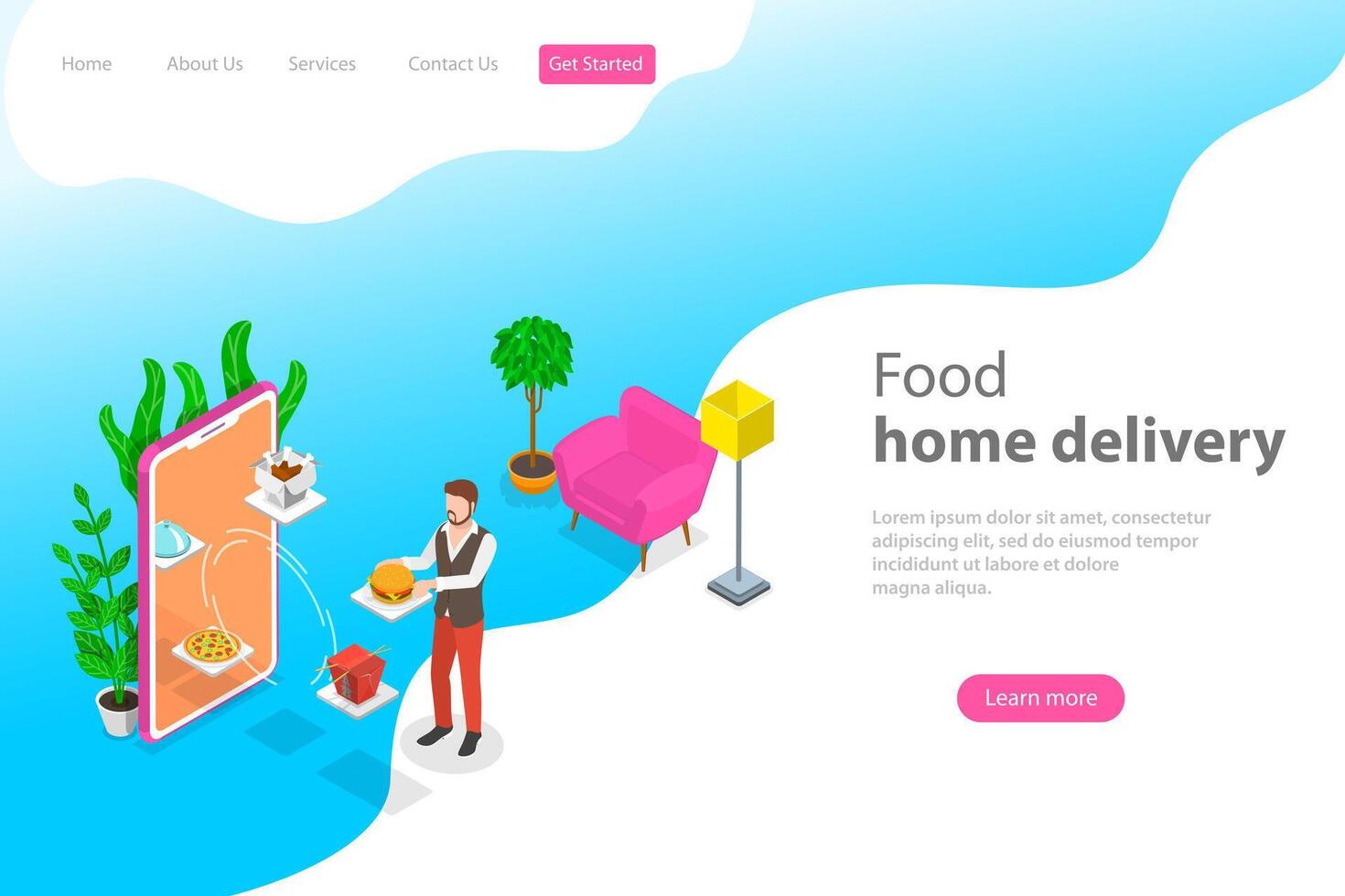 isometrisk platt landning sida mall för mat Hem leverans. vektor