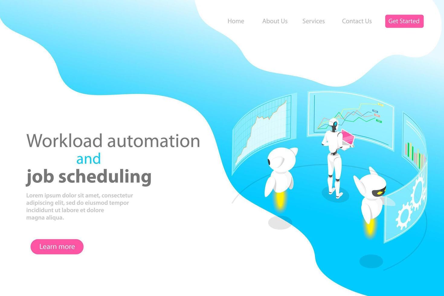 isometrisk platt landning sida mall för arbetsbelastning automatisering. vektor