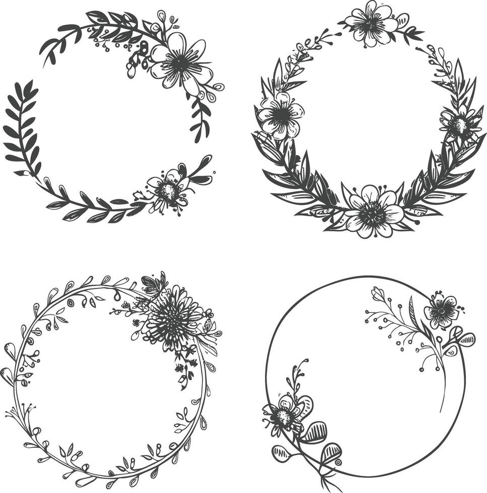 Blumen- runden Linie Frames Hochzeit Einladung Element schwarz Farbe nur vektor