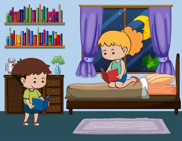 Pojke och tjej läser bok i sovrummet vektor