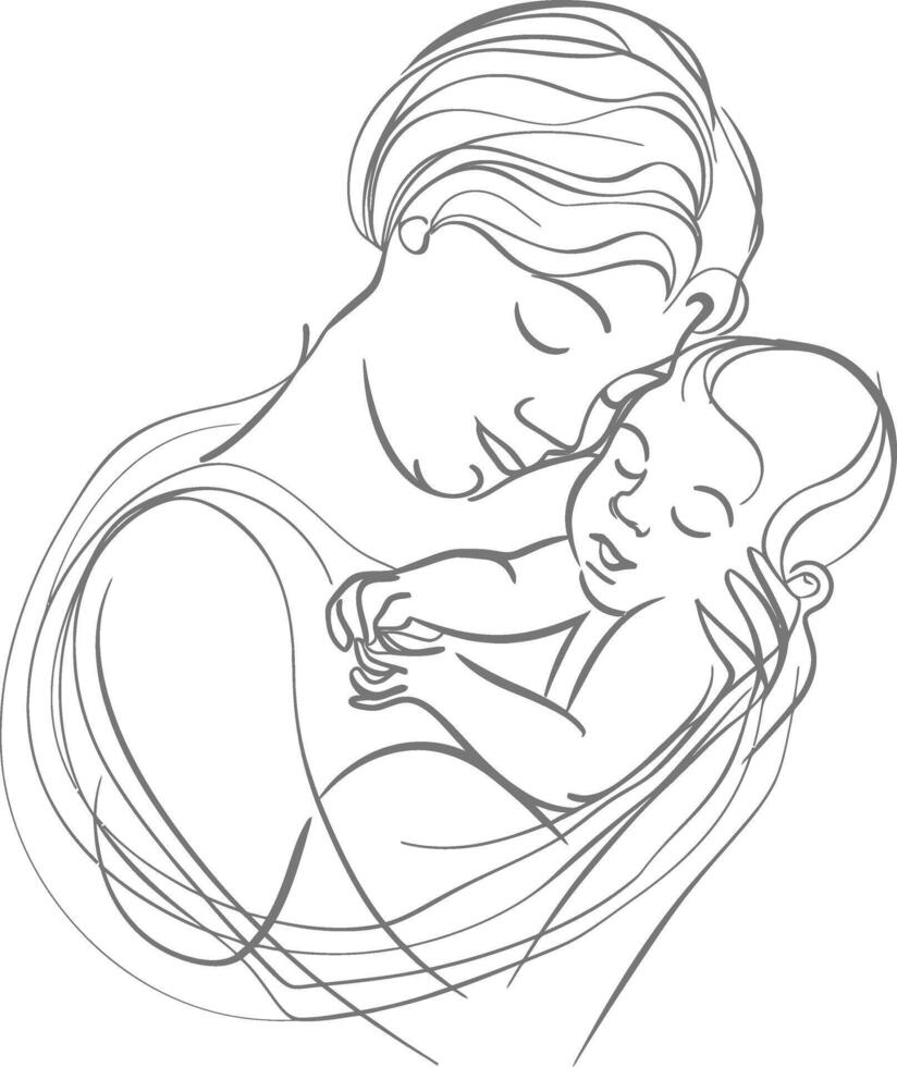 ett kontinuerlig linje teckning av mor innehav bebis svart Färg endast vektor