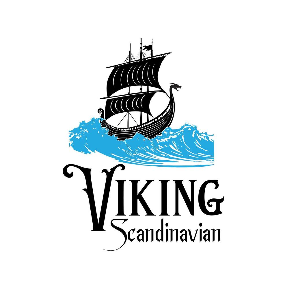viking fartyg logotyp symbol i djup hav vågor illustration vektor