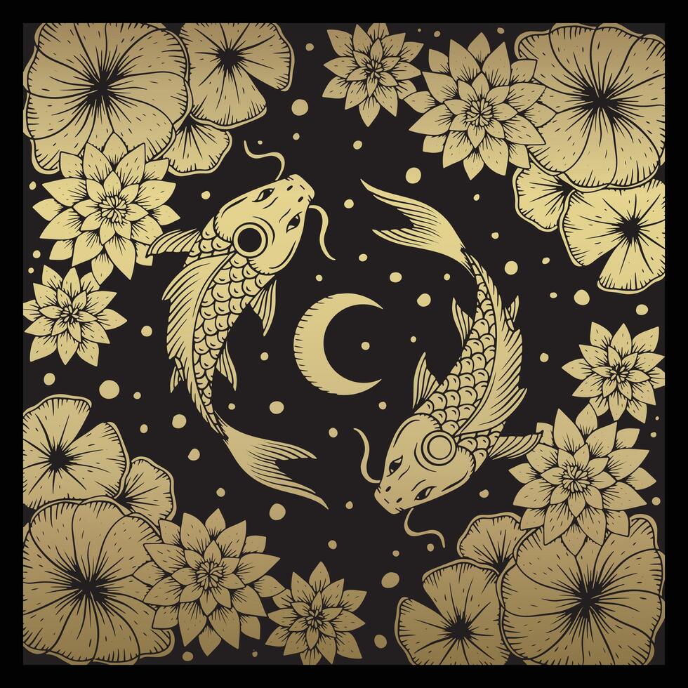 zen koi fisk, två koi fisk i en lotus blomma damm cirkulerande de måne symboliserar balans vektor