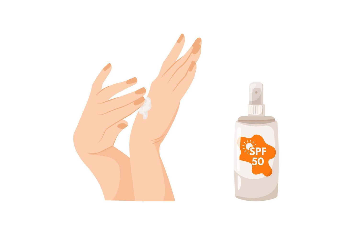 kvinnors händer tillämpa fuktgivande lotion. Solskydd fuktkräm, Solskydd, solskyddsmedel, hud skydd och blockering ultraviolett strålar. vektor