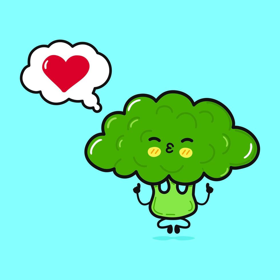 broccoli håller på med yoga med Tal bubbla. hand dragen tecknad serie söt karaktär illustration ikon. isolerat på blå bakgrund. broccoli i kärlek karaktär begrepp vektor