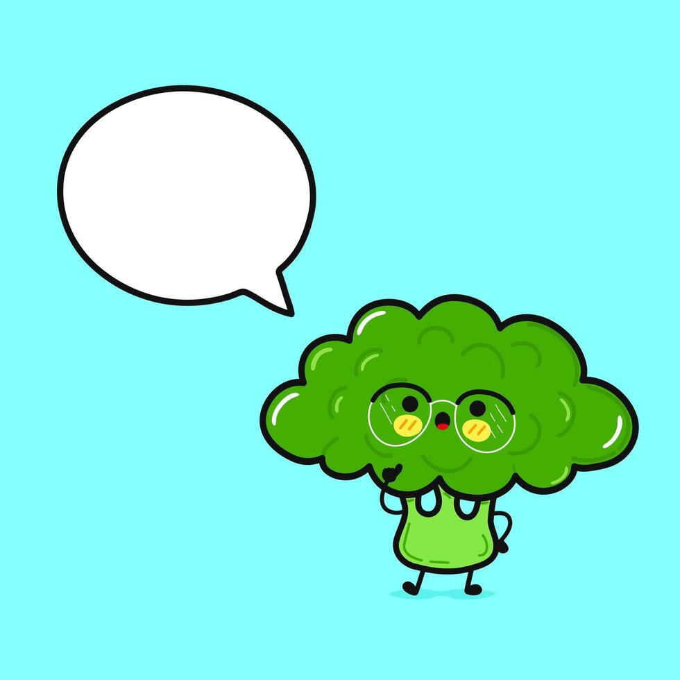 broccoli med Tal bubbla. hand dragen tecknad serie söt karaktär illustration ikon. isolerat på blå bakgrund. broccoli karaktär begrepp vektor