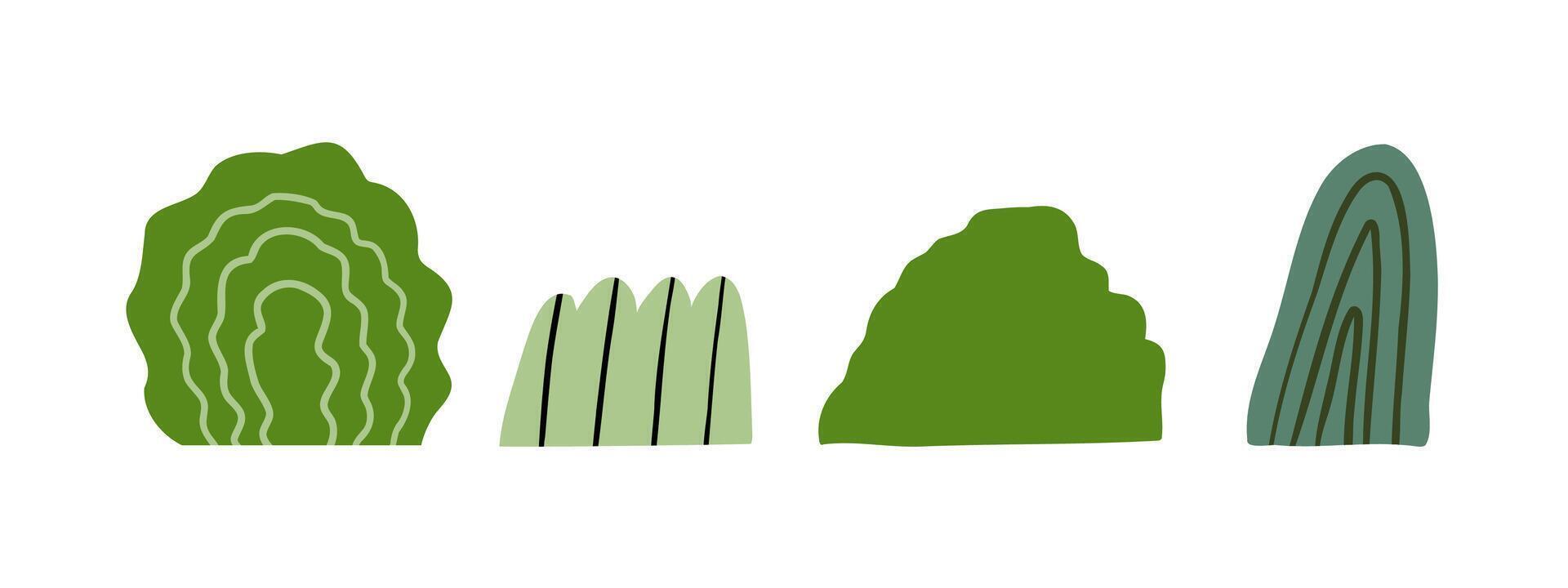 einstellen von Gekritzel Gebüsch von anders Formen. Dschungel, Wald, Natur. Hand gezeichnet Illustration im eben Stil. vektor