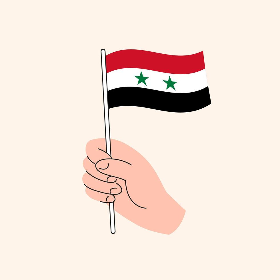 tecknad serie hand innehav syriansk flagga, enkel design. flagga av syrien, mitten öster, begrepp illustration, isolerat platt teckning vektor