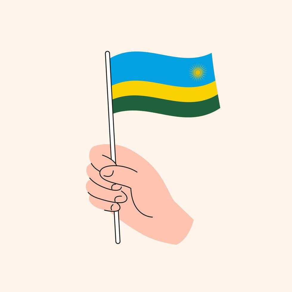 tecknad serie hand innehav rwandiska flagga, enkel design. flagga av rwanda, öst afrika, begrepp illustration, isolerat platt teckning vektor