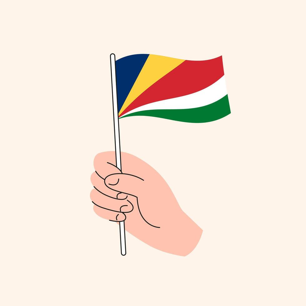 Karikatur Hand halten Seychellen Flagge, einfach Design. Flagge von Seychellen, Osten Afrika, Konzept Illustration, isoliert eben Zeichnung vektor