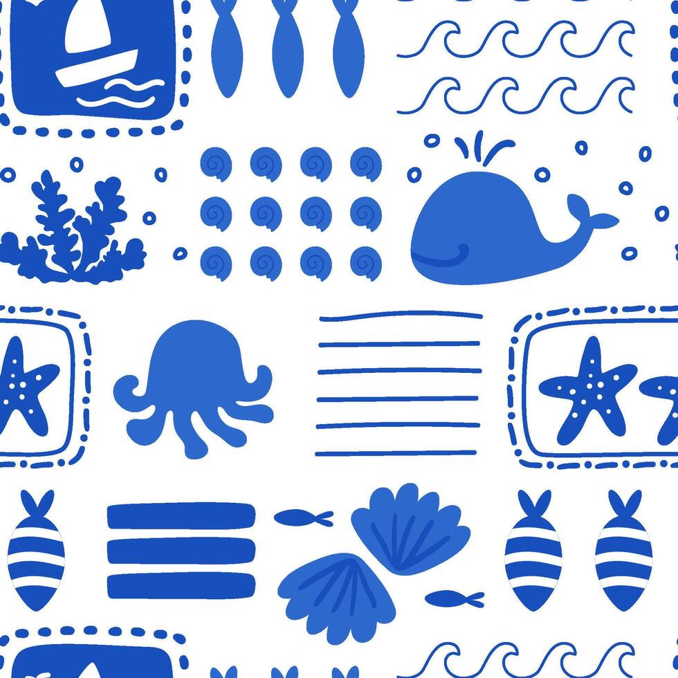 söt hav varelser patchwork sömlös mönster i blå och vit. sommar semester tapet, textil- design, upprepa bakgrund. tecknad serie rolig hav element fisk, val, snäckskal, vågor, bläckfisk vektor
