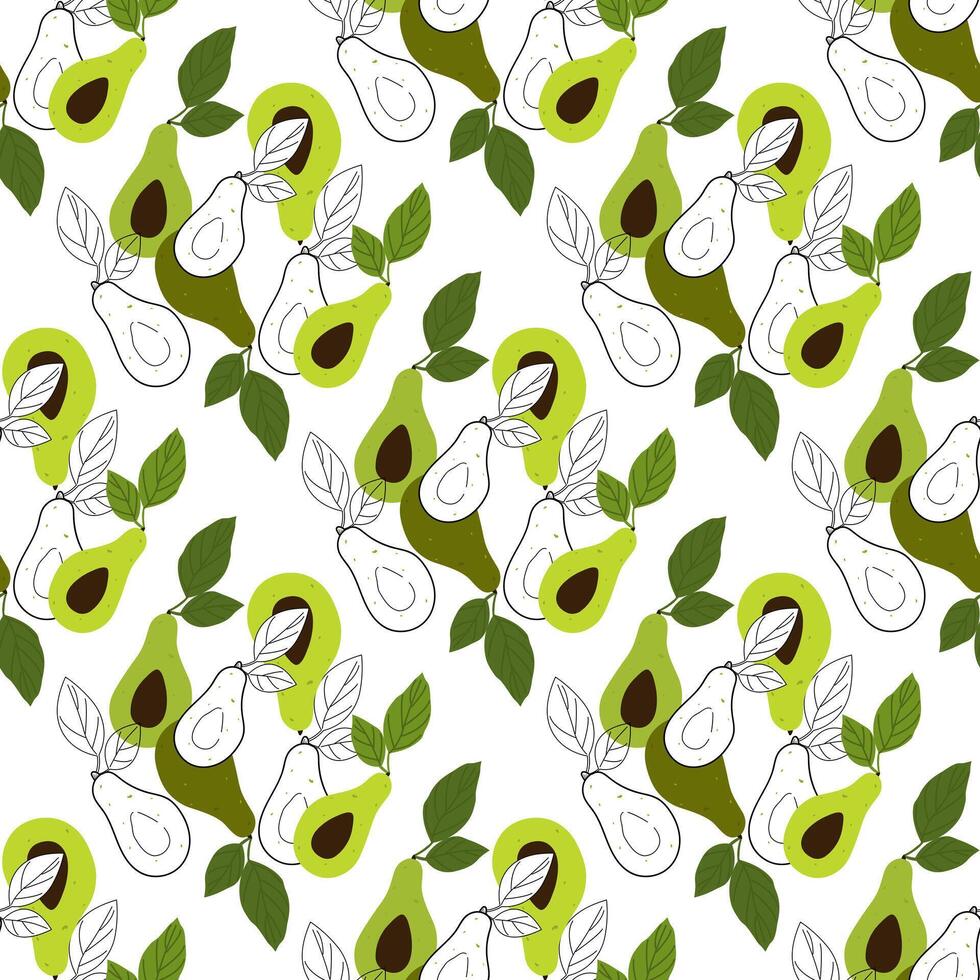 reif, saftig Avocado Schnitt mit Blätter, nahtlos geometrisch Muster.Hand gezeichnet im Gekritzel style.design zum Drucken auf Stoffe, Urlaub und Süßwaren Verpackung, Hintergrund, Verpackung und Schrott vektor