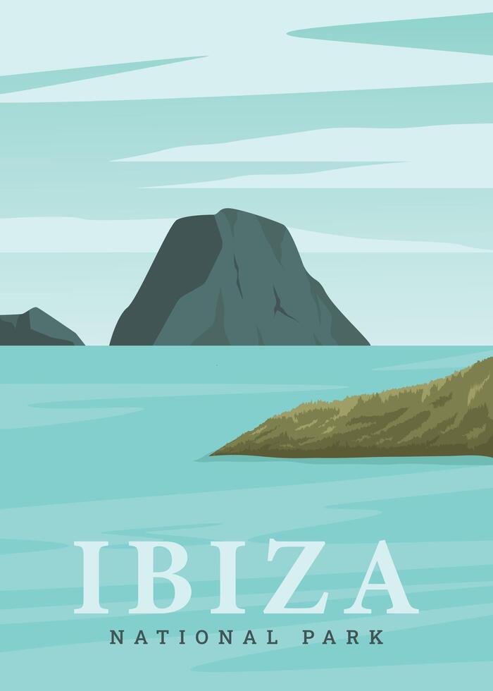 Ibiza nationell parkera affisch årgång illustration design. nationell parkera i Spanien årgång affisch design vektor