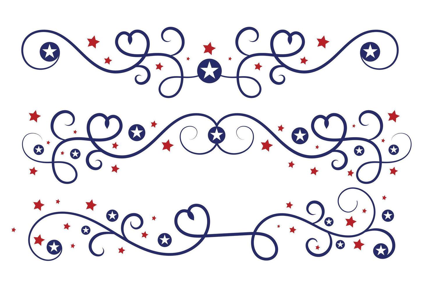 4:e av juli text rubrik utsmyckad virvlar, patriotisk röd stjärnor, och blå elegant fint separatorer dekorativ element, amerikan oberoende dag kalligrafi krusidullar text avdelare vektor
