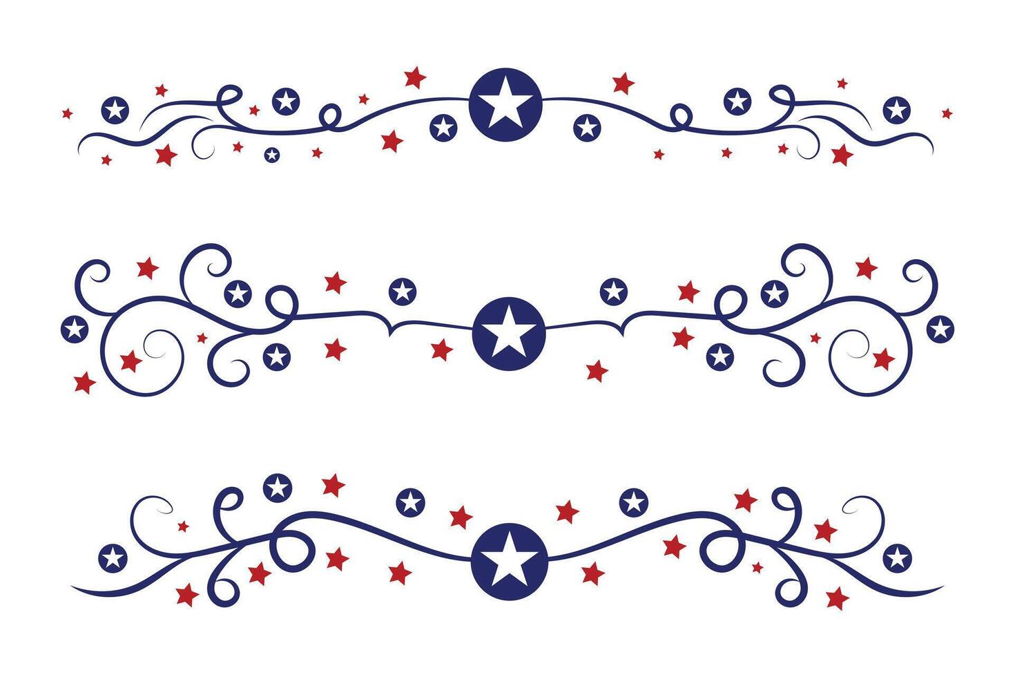 4 .. von Juli Beschriftung Header aufwendig wirbelt, patriotisch rot Sterne, und Blau elegant schick Trennzeichen dekorativ Elemente, amerikanisch Unabhängigkeit Tag Kalligraphie gedeiht Text Teiler vektor