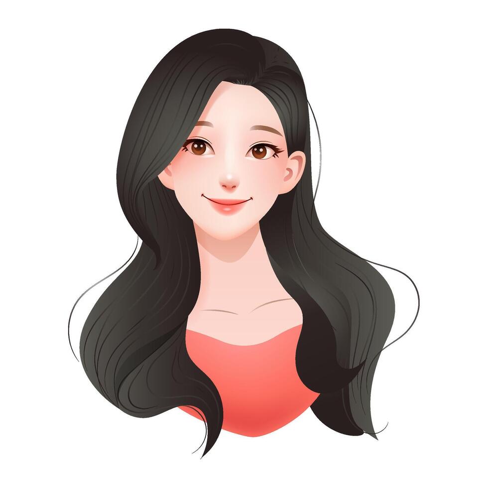 ein Anime Stil schön jung Frau mit braun Haar, mit zart Gesichts- Eigenschaften und beschwingt Farben. asiatisch Schönheit, perfekt zum kosmetisch oder Mode verbunden Entwürfe. vektor