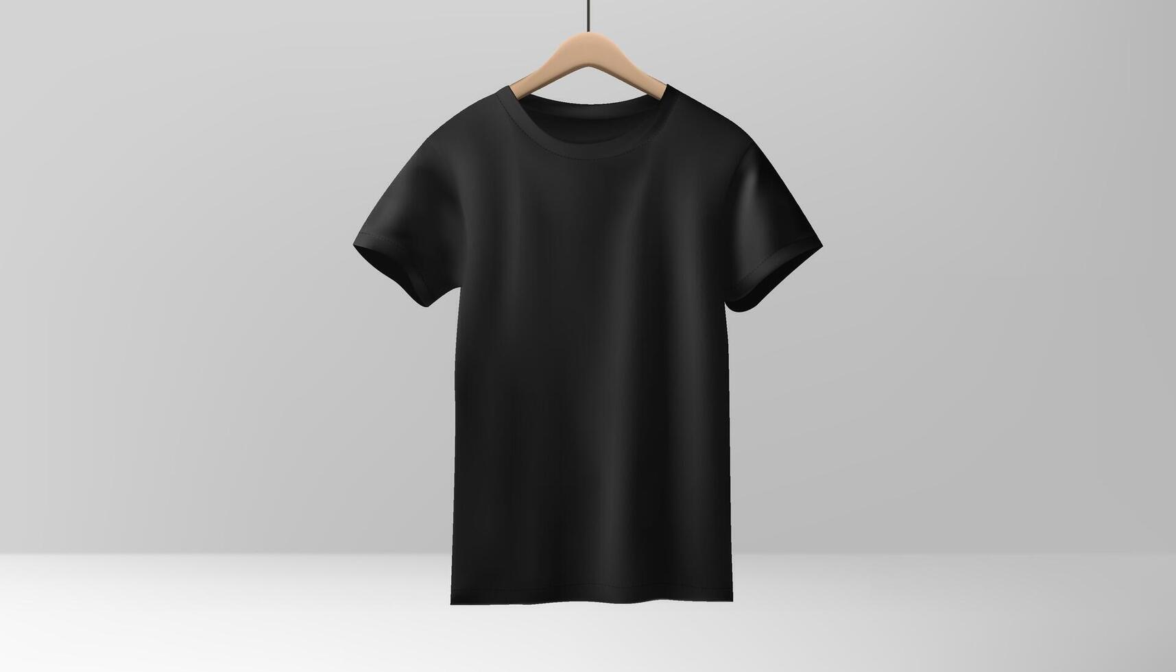 ein schwarz T-Shirt Attrappe, Lehrmodell, Simulation hängt auf ein hölzern Aufhänger gegen ein Weiß Hintergrund. zum präsentieren Mode Designs zum beide Männer und Frauen, Bereitstellung ein realistisch Präsentation. vektor