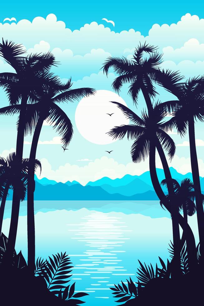 en lugn cyan och blå tropisk landskap med handflatan träd, hav, och en färgrik himmel. avkopplande semester fläck med tropisk stränder och vibrerande landskap vektor