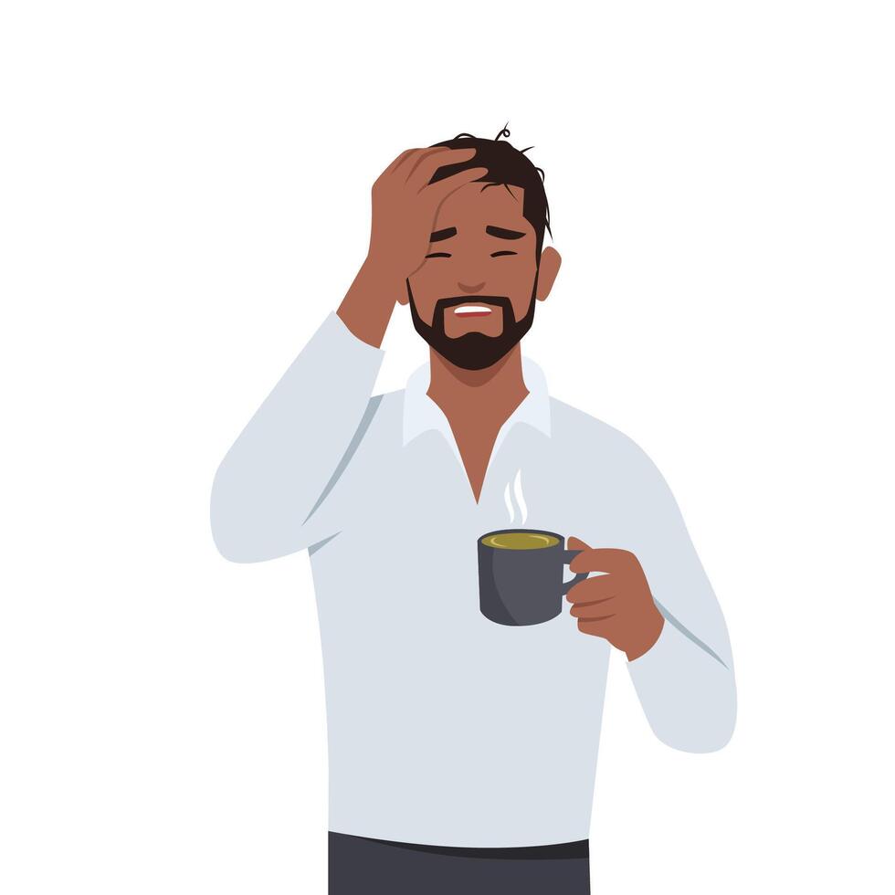 jung Mann Kater und Grippe. schläfrig Stehen mit Tee Tasse haben Kopfschmerzen Gefühl Schlaflosigkeit kalt und Fieber. vektor