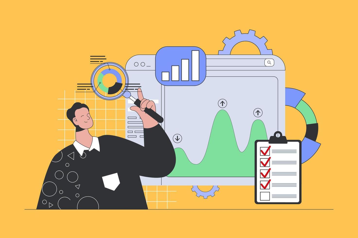 data analys begrepp i modern platt design för webb. man framställning forskning med diagram och diagram, övervakning statistik på rapporterar. illustration för social media baner, marknadsföring material. vektor