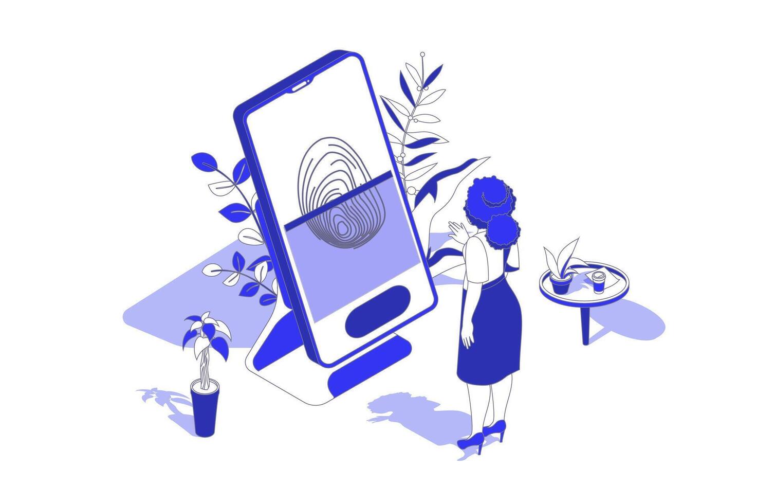 biometrisch Steuerung 3d isometrisch Konzept im Isometrie Grafik Design zum Netz. Menschen Szene mit Frau Anmeldungen zu online Konto oder entsperren Handy, Mobiltelefon Telefon mit Fingerabdruck Identität. Illustration. vektor