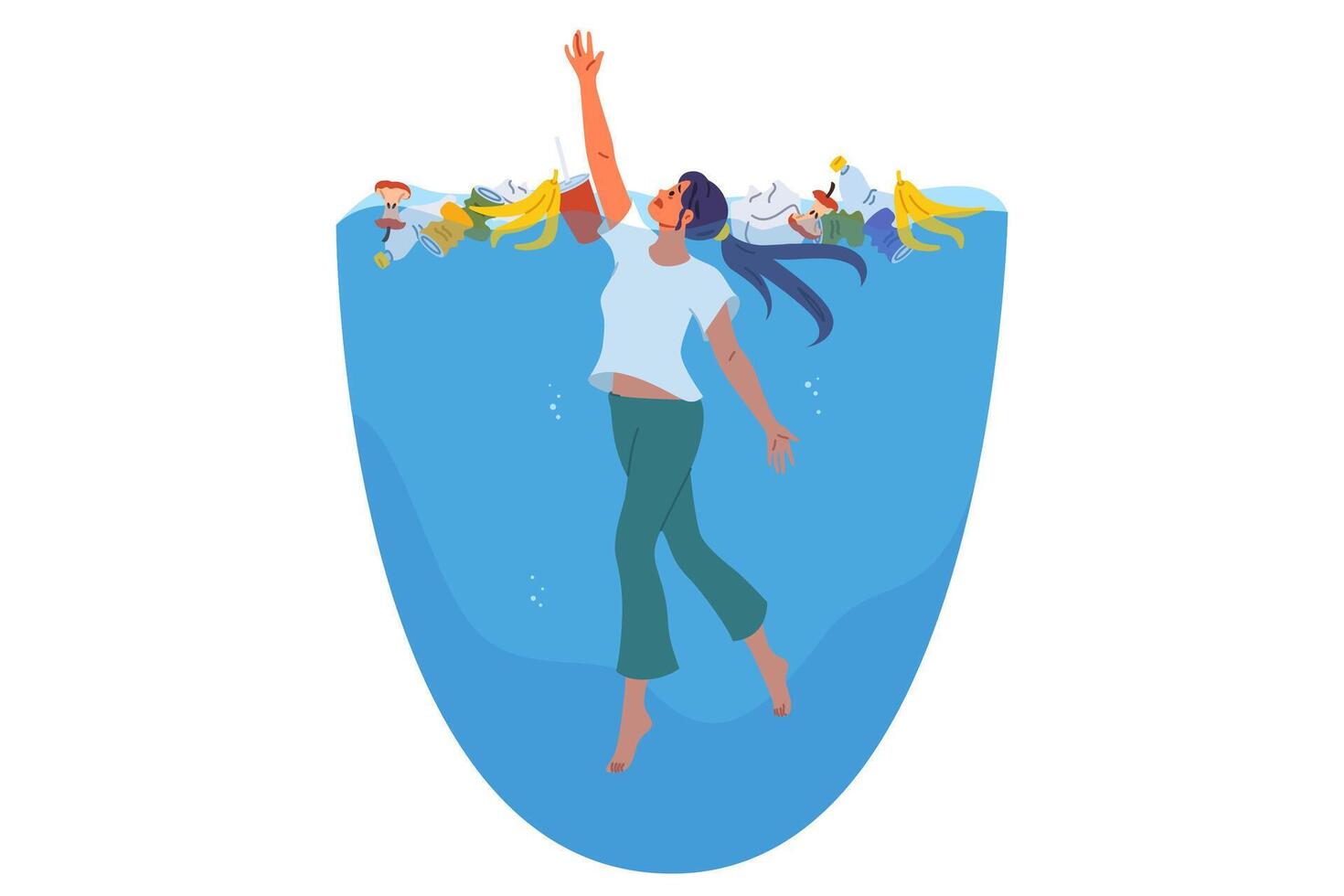 Frau schwimmt im Wasser unter Müll, Leiden fällig zu Ozean Verschmutzung, Störung zu Ökosystem vektor