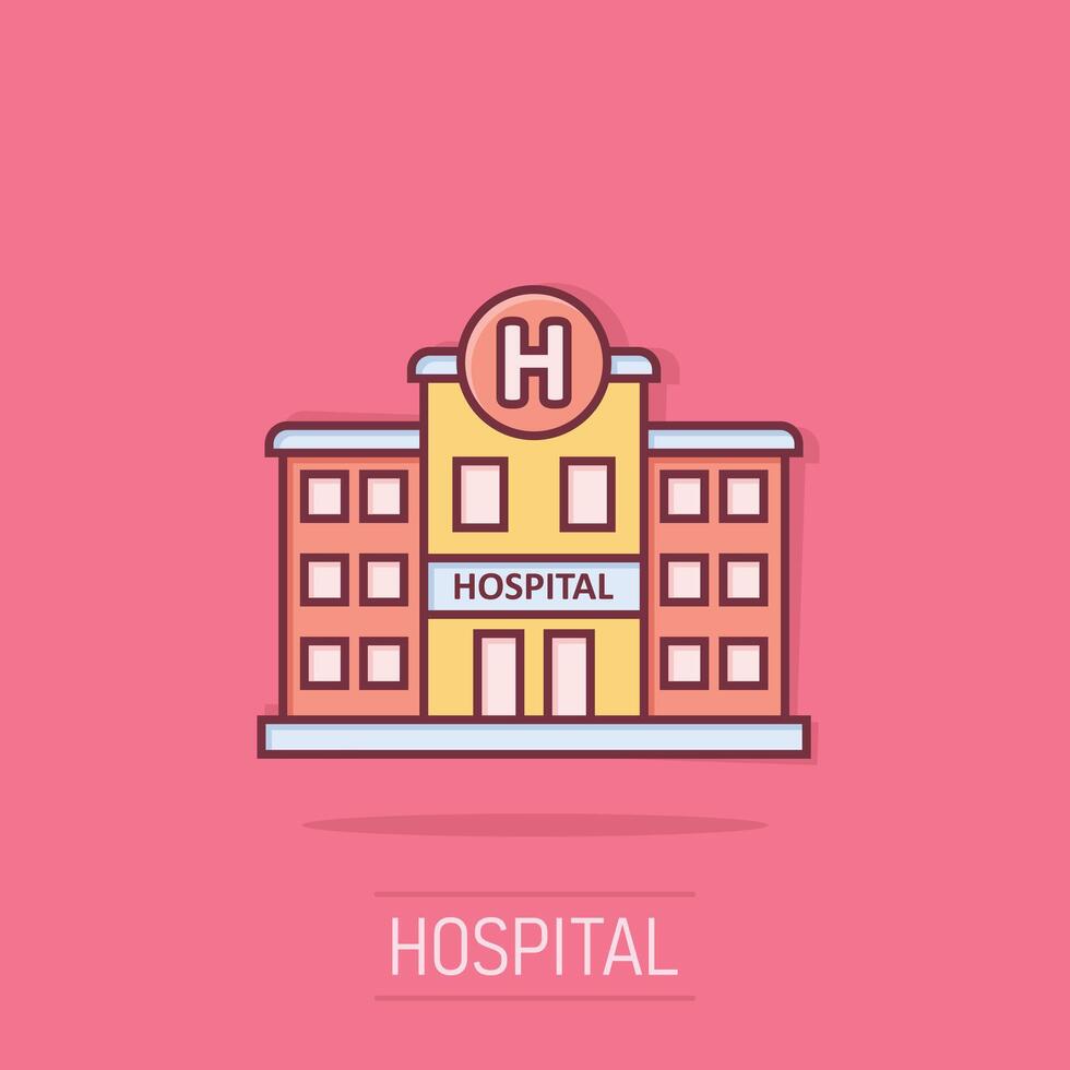 Krankenhaus Gebäude Symbol im Comic Stil. medizinisch Klinik Karikatur Illustration auf isoliert Hintergrund. Medizin Spritzen bewirken Zeichen Geschäft Konzept. vektor