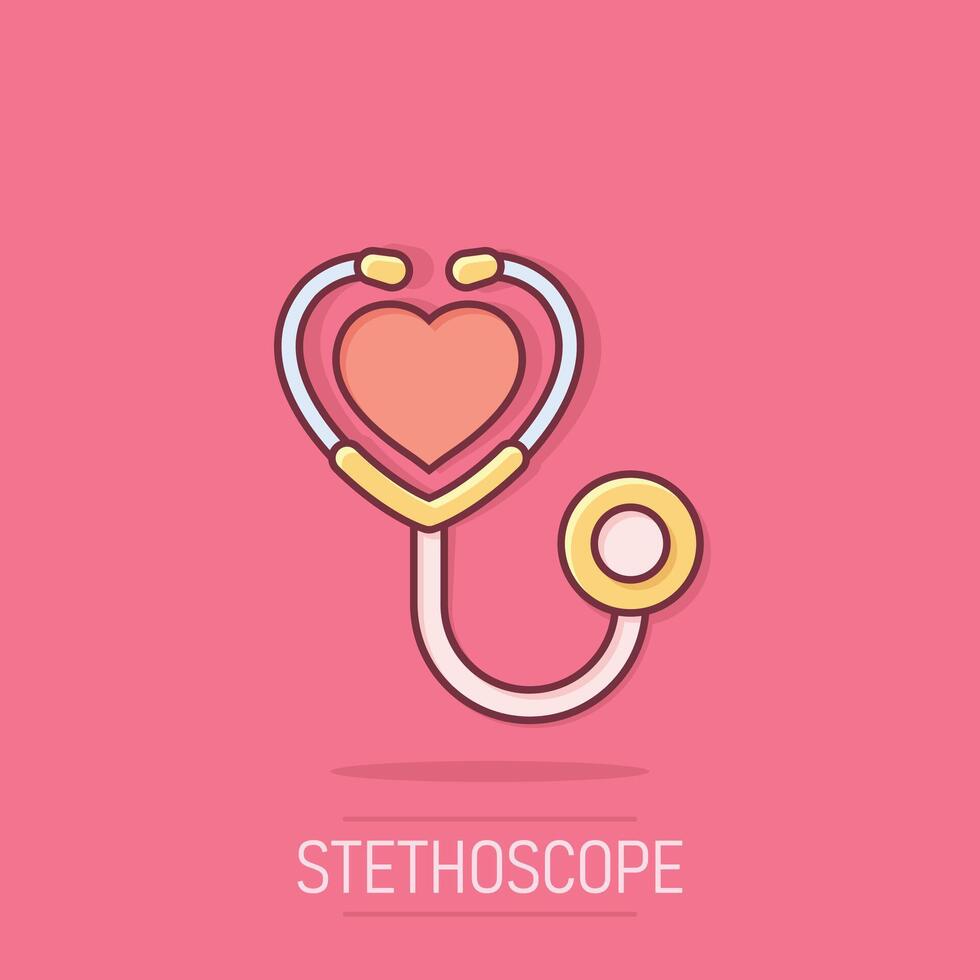 Stethoskop Symbol im Comic Stil. Herz Diagnose Karikatur Illustration auf isoliert Hintergrund. Medizin Spritzen bewirken Zeichen Geschäft Konzept. vektor