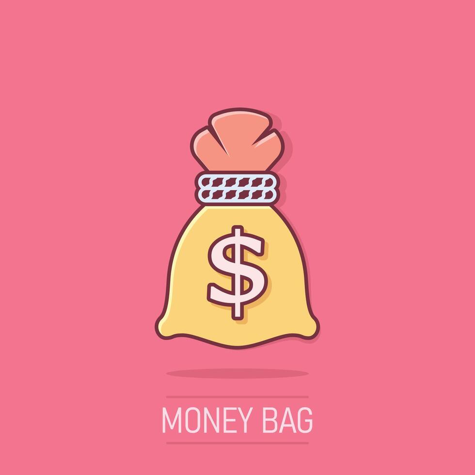 pengar väska ikon i komisk stil. moneybag tecknad serie illustration på isolerat bakgrund. mynt säck stänk effekt tecken företag begrepp. vektor