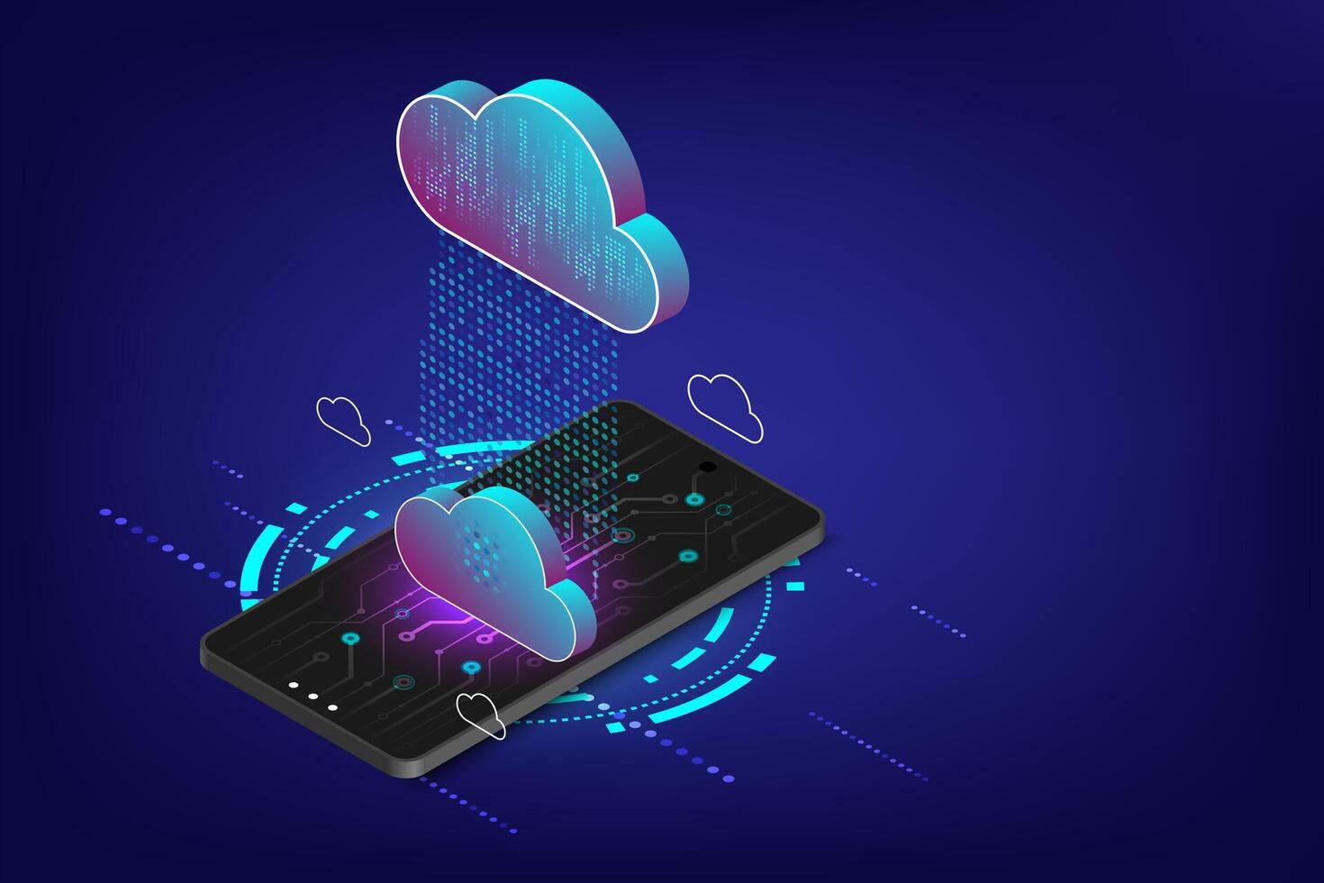 hi-tech abstrakt bakgrund av moln datoranvändning begrepp. teknologi ansluter till moln datoranvändning, laddar ner och ladda upp data på mobil bärbar enhet. abstrakt 3d isometrisk illustration vektor