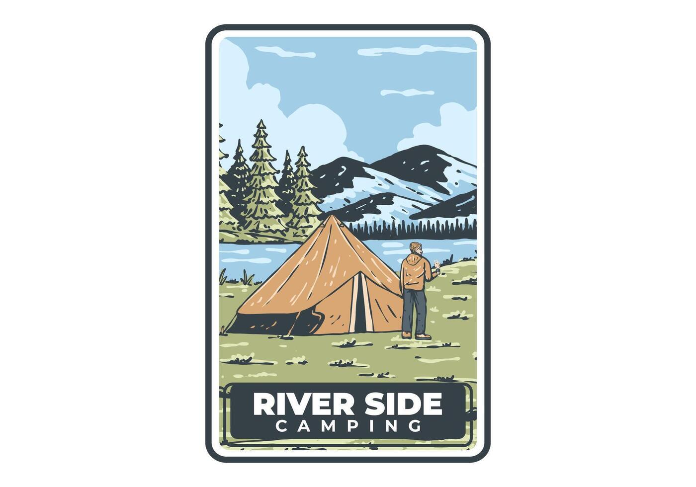 Fluss Seite Camping. Jahrgang draussen Illustration Abzeichen vektor