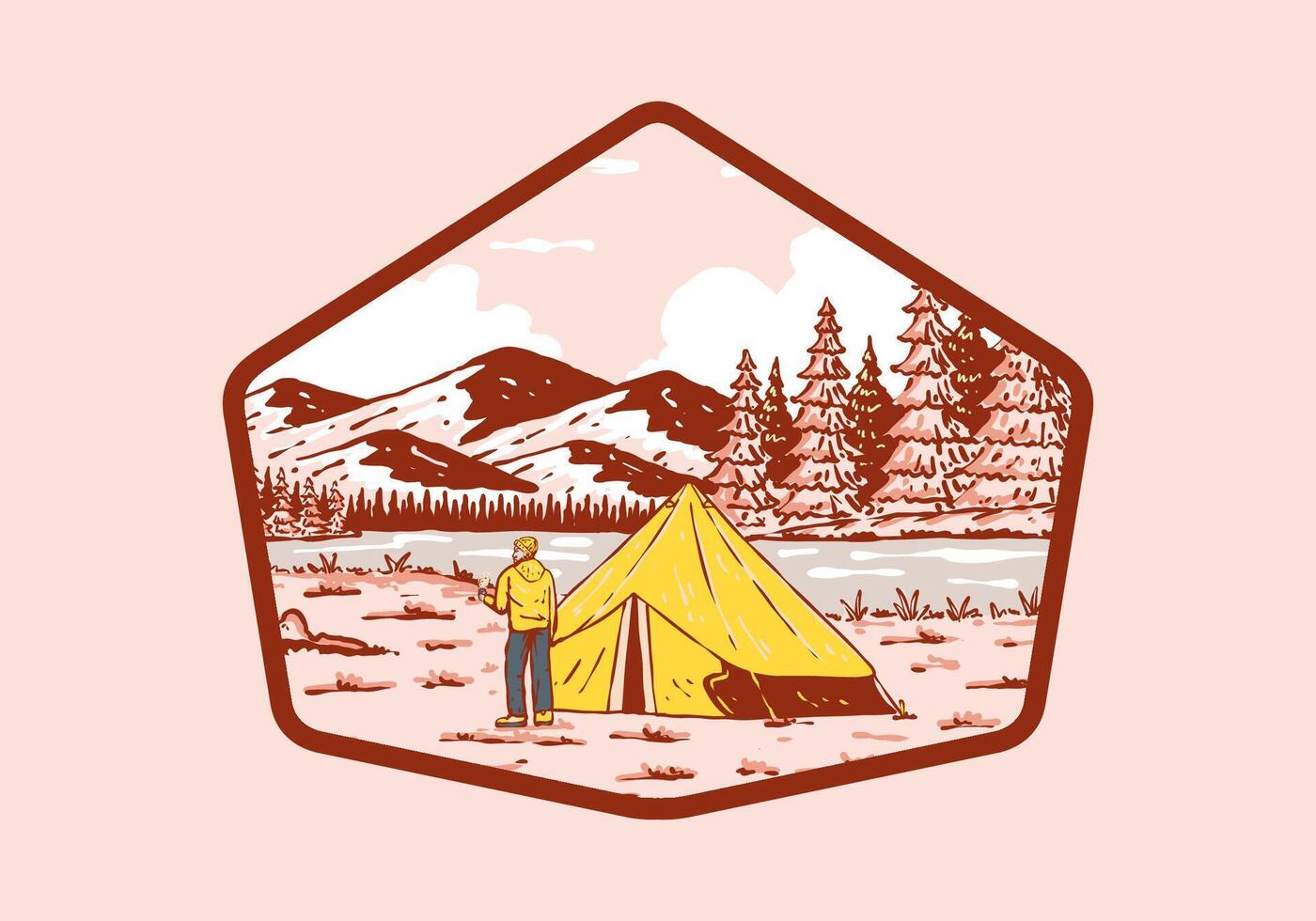 Fluss Seite Camping. Jahrgang draussen Illustration Abzeichen vektor