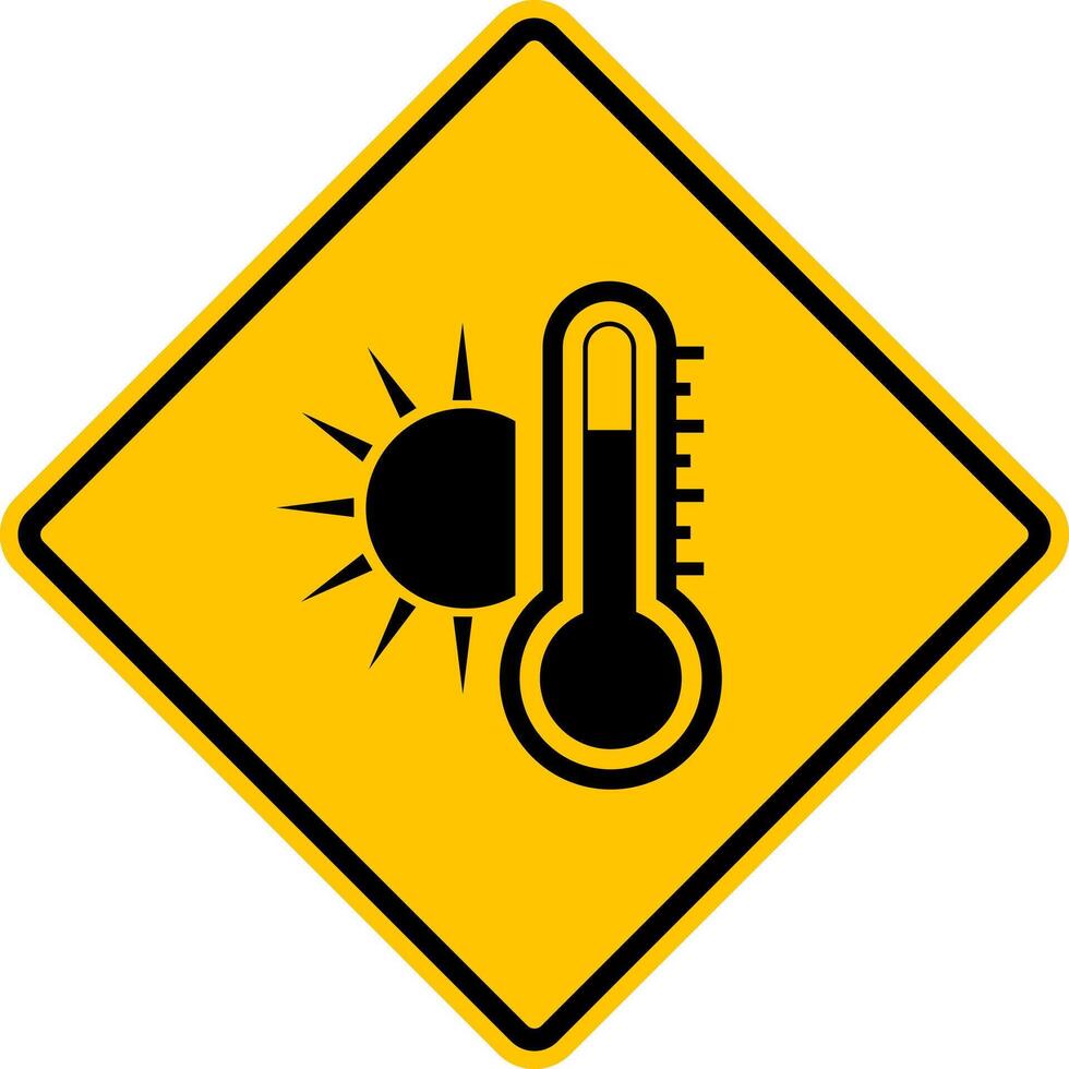 hoch Temperatur unterzeichnen. Warnung Gelb Diamant Straße Zeichen mit ein Bild von das Sonne und ein Thermometer innen. sehr heiß und Verbrühungen. Rhombus Straße unterzeichnen. vektor