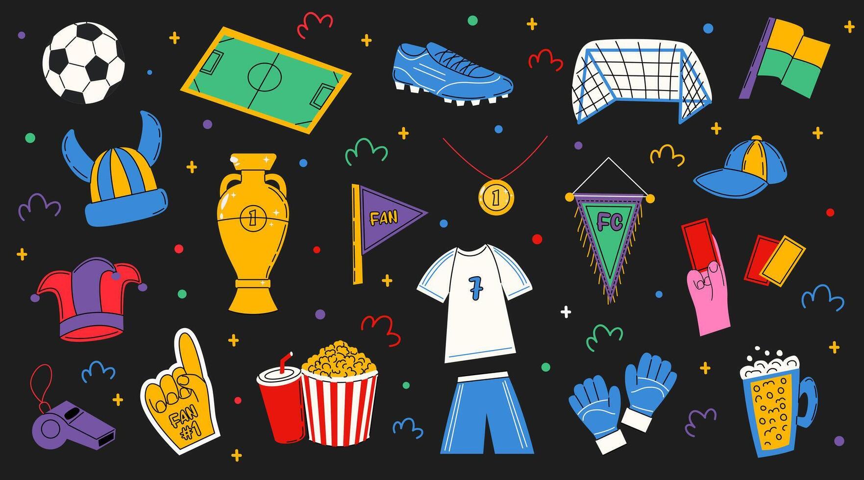 uppsättning av fotboll klistermärken. fotboll element samling. sporter objekt, boll, sneakers, grindar, sporter uniformer, handskar, flaggor, medaljer, utmärkelser, priser, fotboll fält, öl, popcorn och soda, fläkt hattar. vektor