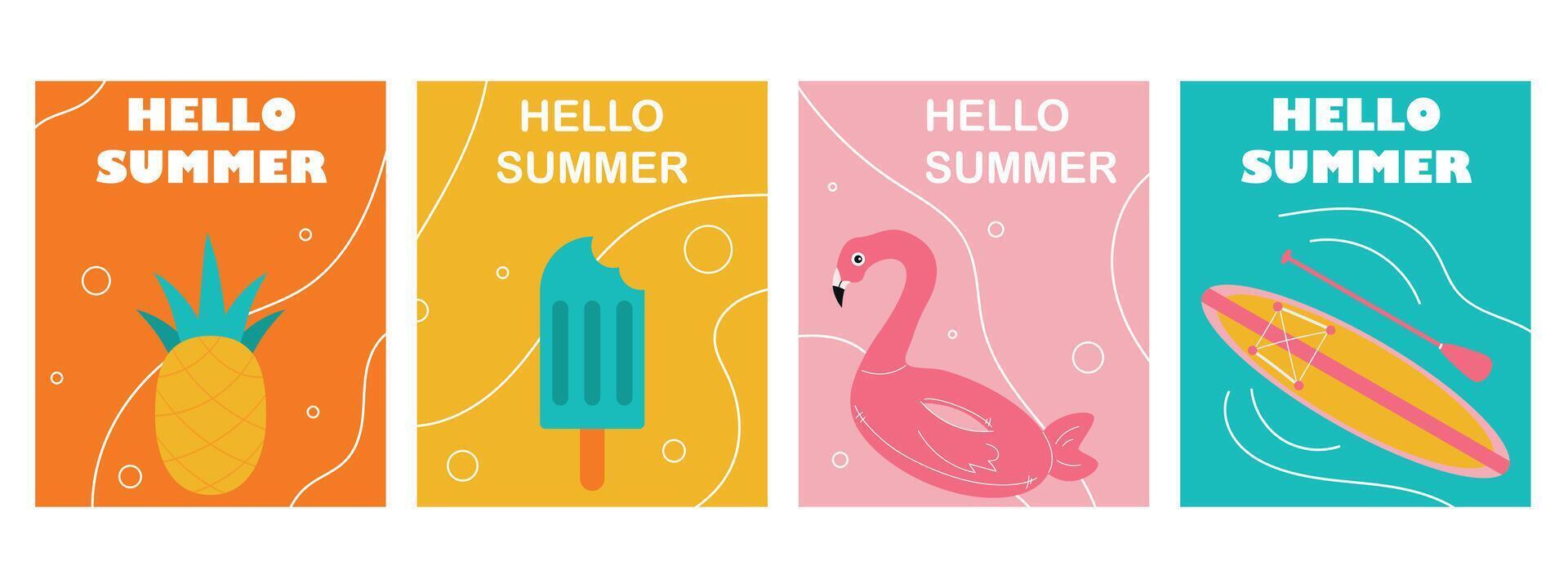 Sommer, Sommer- Karten Satz, Ananas, Eis Creme, Flamingo aufblasbar Ring, sup und Paddel, abstrakt Hintergrund Muster vektor
