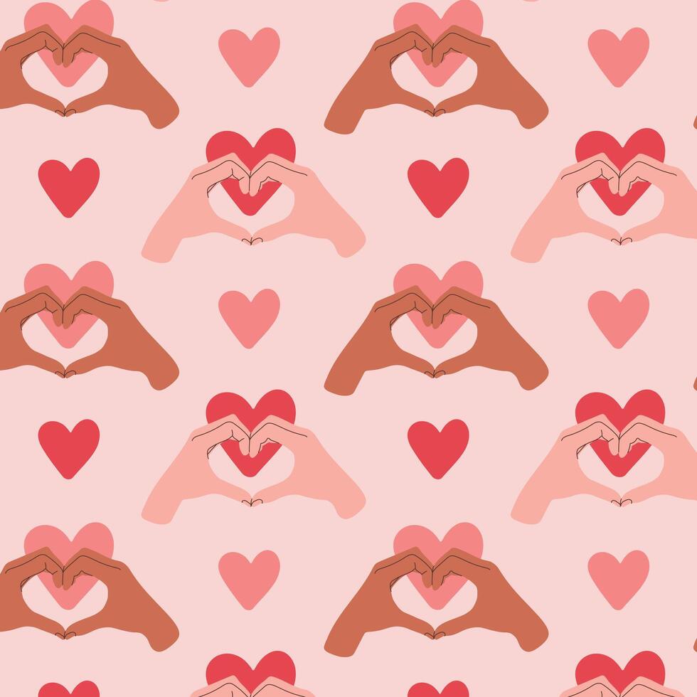 mänsklig händer som visar hjärta regelbunden sömlös mönster. röd och rosa hjärtan på rosa bakgrund. klotter stil. färgad platt grafisk vektor