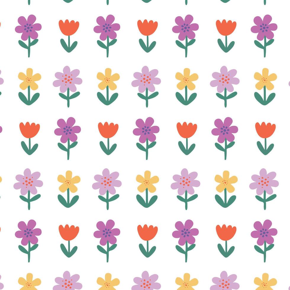 vår blommig regelbunden sömlös mönster. färgrik blomma upprepa på vit bakgrund. söt barnslig natur design i tecknad serie platt stil för omslag, skriva ut. vektor