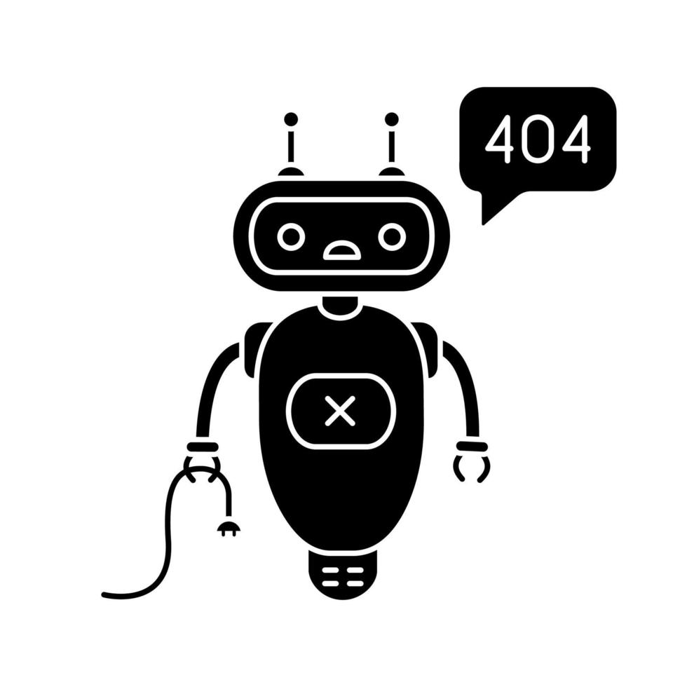 inte hittat fel chatbot glyph icon. siluett symbol. talkbot med fel 404 i chattrutan. webbplats felsida onlineassistent. modern robot. negativt utrymme. vektor isolerade illustration