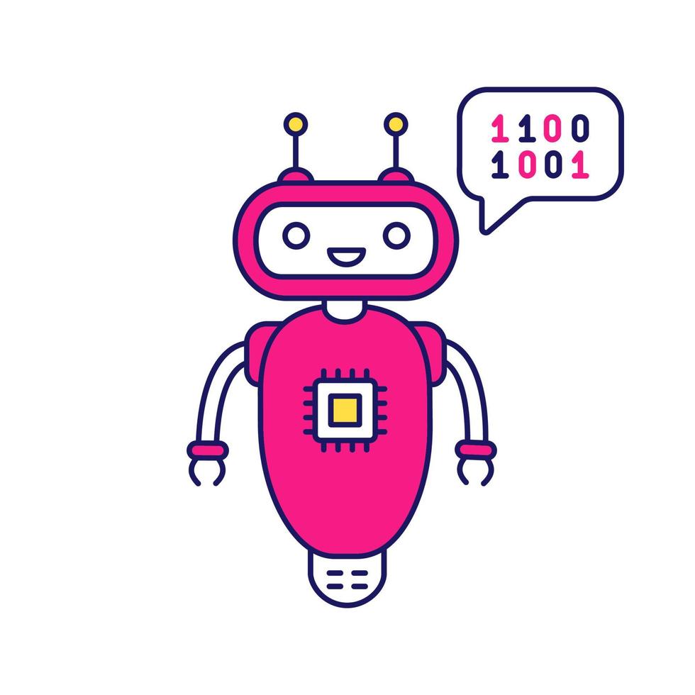 Farbsymbol für Chatbot-Codierung. Talkbot mit Chipeinsatz. Codebot. Virtueller Assistent zum Schreiben von Code. Online-Helfer. moderner Roboter. isolierte Vektorillustration vektor