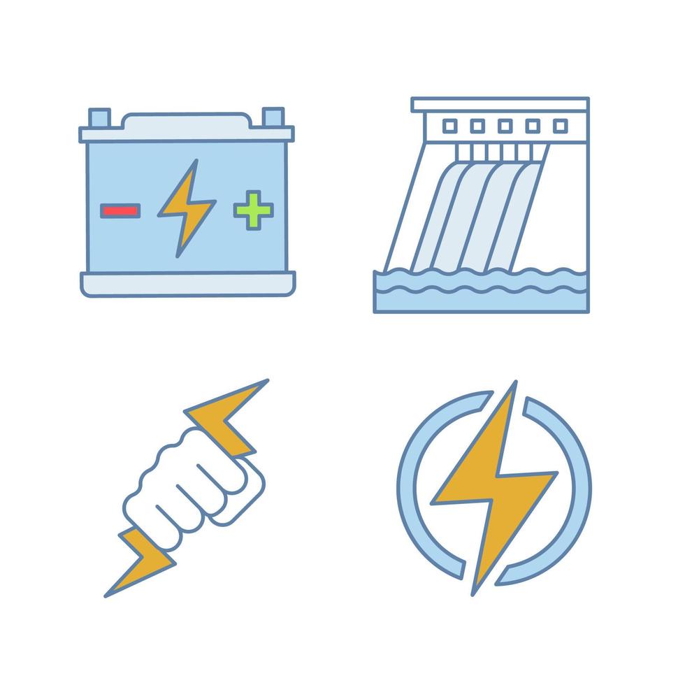 elektrische Energie Farbsymbole gesetzt. Akkumulator, Staudamm, Kraftfaust, Blitz. isolierte vektorillustrationen vektor