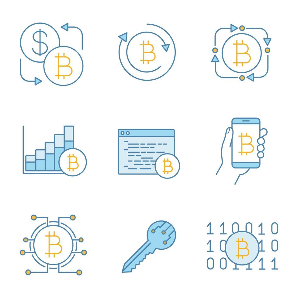 Bitcoin-Kryptowährungs-Farbsymbole gesetzt. Bitcoin-Börse, Fintech, Marktwachstumsdiagramm, Mining-Software, digitale Brieftasche, Schlüssel, Binärcode. isolierte vektorillustrationen vektor