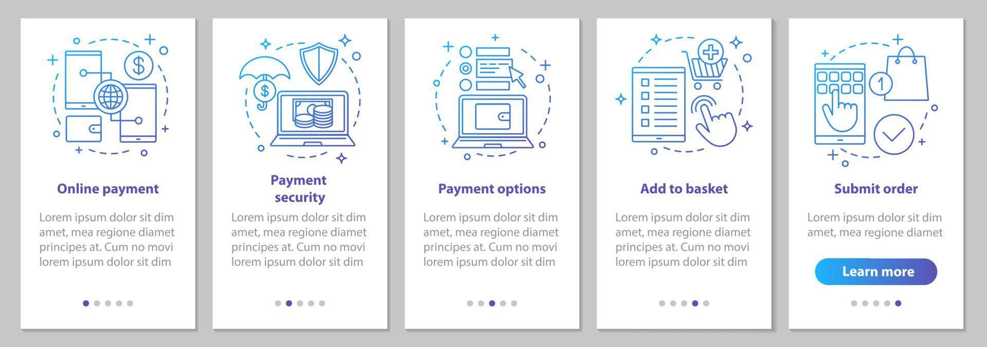 online shopping onboarding mobil app sidskärm med linjära koncept. digitala köp. e-betalning. steg grafiska instruktioner. ux, ui, gui vektormall med illustrationer vektor