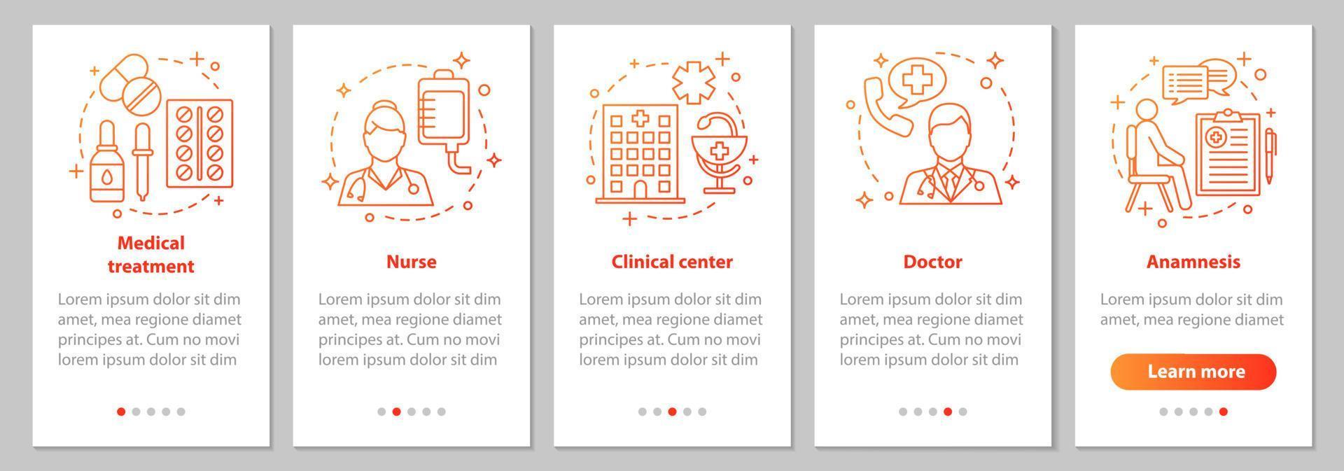 medicin och hälsovård onboarding mobil app sidskärm med linjära koncept. läkare, sjuksköterska, klinik, behandling, anamnes. medicinsk service steg grafiska instruktioner. ux, ui, gui vektorillustration vektor