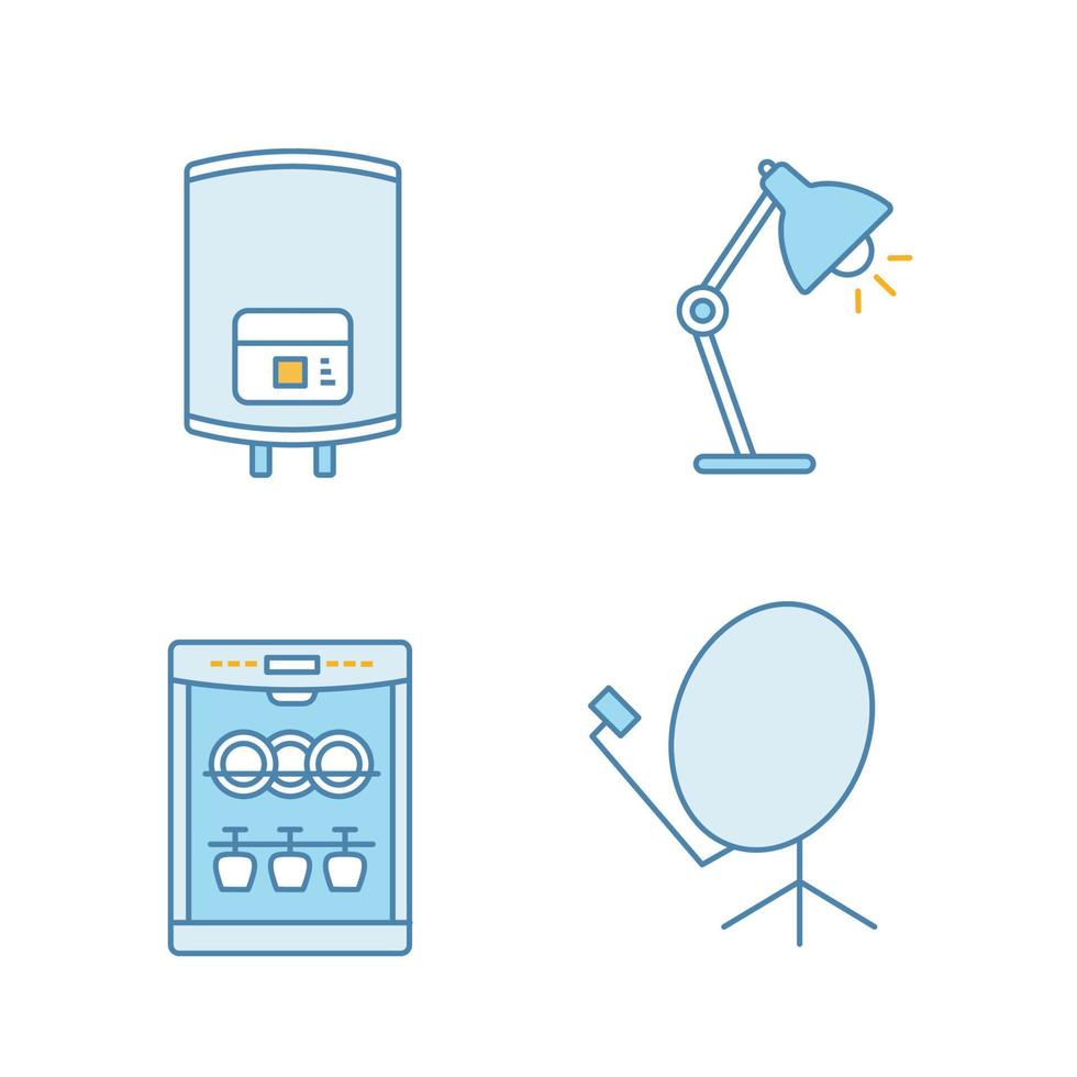 Farbsymbole für Haushaltsgeräte festgelegt. elektrischer Wasserkocher, Tischlampe, Spülmaschine, Satellitenschüssel. isolierte vektorillustrationen vektor