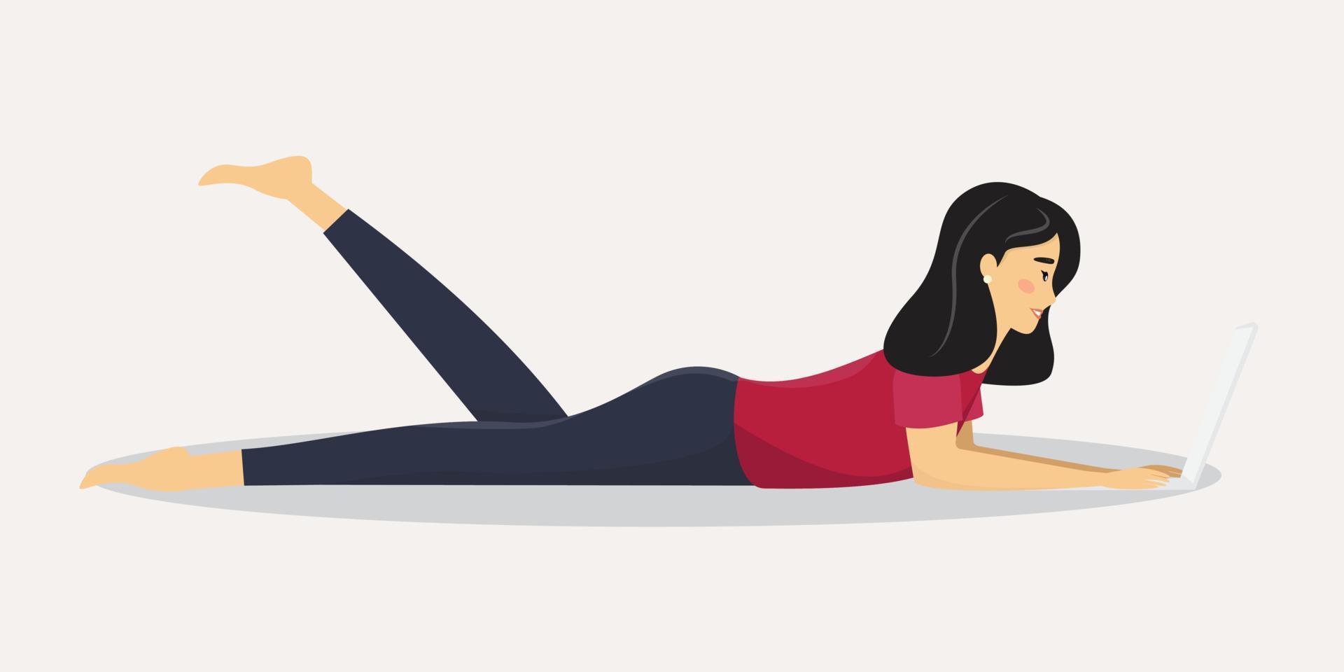 Frau liegt auf dem Boden und tippt etwas auf dem Laptop. junge weibliche Figur, die auf dem Boden liegt und einen Laptop benutzt. vektor